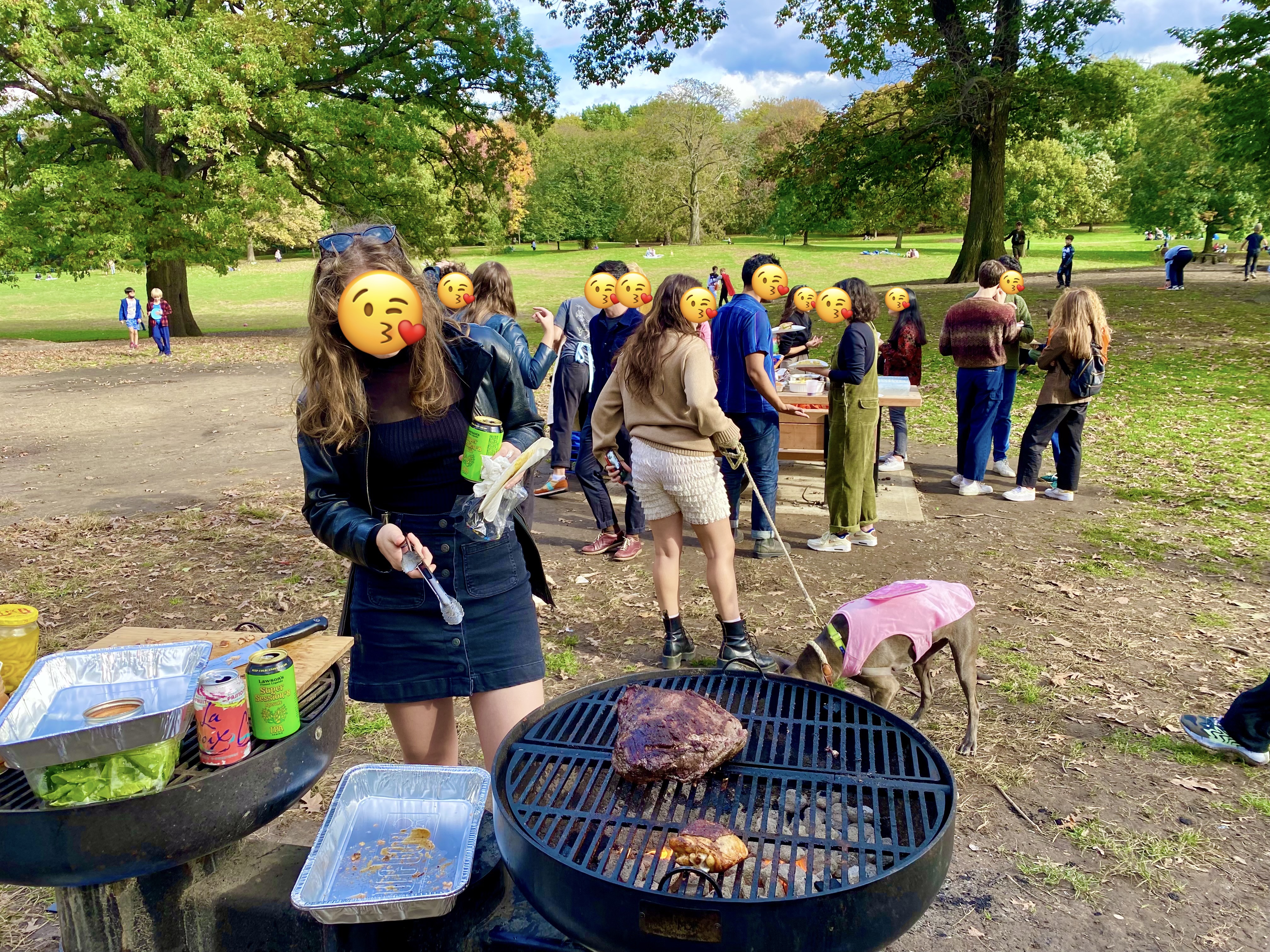 Barbeque wide view in prospect park, faces covered with kiss emoji